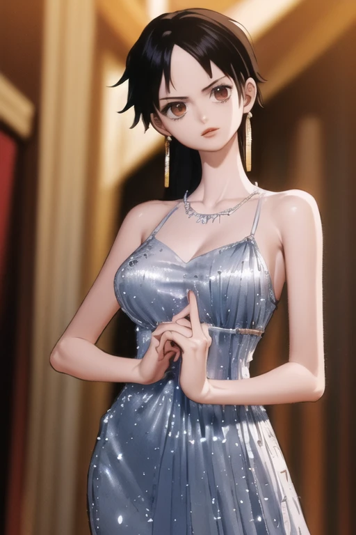 (masterpiece, best quality), beautiful detailed face, monkey_d_luffy, Luffy female, straw hat, scar under eye, genderswap, brown eyes, elegant sleeveless dress, diamond necklace, emerald earrings, in the hall, intricate details, photorealistic, 8k, chiaros...