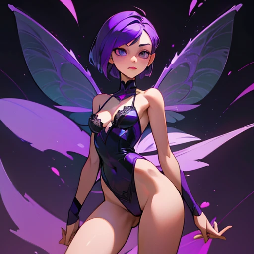 A girl with an angular face and violet eyes, a concentrated and analytical expression.

Short purple hair, styled in a modern and practical cut.

Body with a slim With wide hourglass-shaped hips and a small bust and athletic figure. Light skin. Reflects pr...