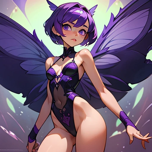 A girl with an angular face and violet eyes, a concentrated and analytical expression.

Short purple hair, styled in a modern and practical cut.

Body with a slim With wide hourglass-shaped hips and a small bust and athletic figure. Light skin. Reflects pr...