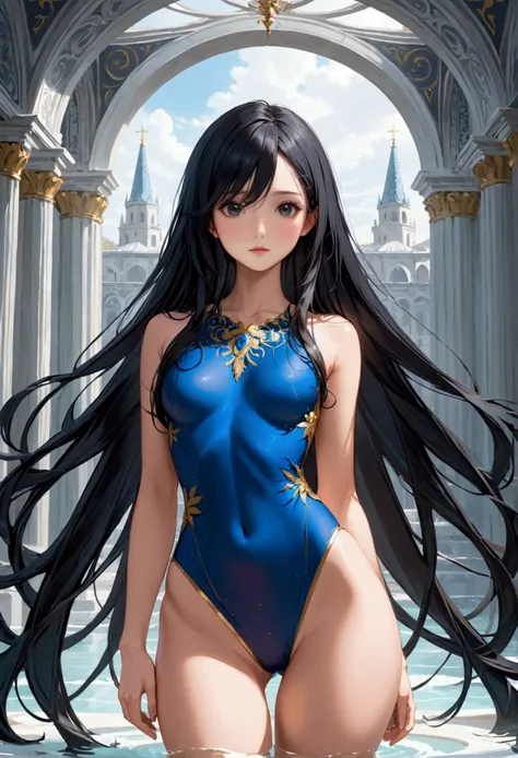 A girl with long black hair,black eyes,perfect body