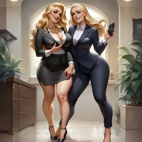 uploaded to e621.net, masterpiece, 8k, vixen, blonde, long hair, topknot, (huge bottom lip), black lip gloss, accurate hands, wide hips, (nipple outline:0.80), curvy, voluptuous, office attire, black suit, black heels, gold jewelry, holding cellphone, ear ...