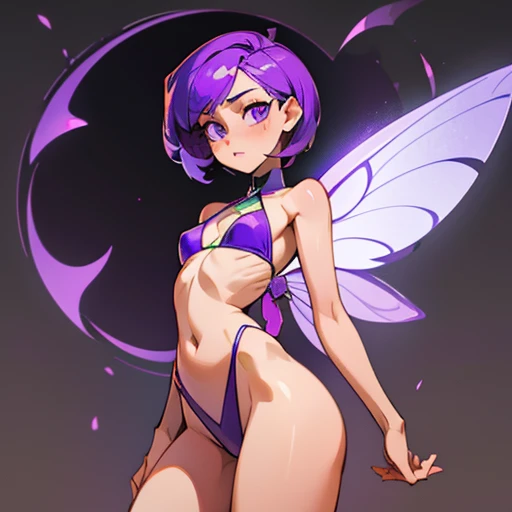 A girl with an angular face and violet eyes, a concentrated and analytical expression.

Short purple hair, styled in a modern and practical cut.

Body with a slim With wide hourglass-shaped hips and a small bust and athletic figure. Light skin. Reflects pr...