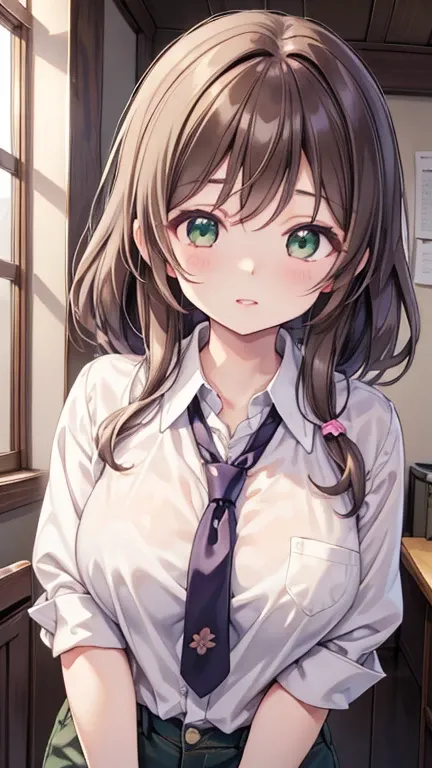 nozomitoujou, Nozomi-san always, Green Eyes, Brown Hair, Short Curly Hair, Large Breasts, masterpiece, Highest quality, High resolution, Beautiful attention to detail, Highly detailed face, Good lighting, Detailed CG, Messy Hair, Glossy Lips, tie shirt, kn...