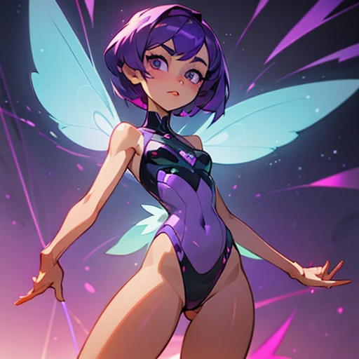 A girl with an angular face and violet eyes, a concentrated and analytical expression.

Short purple hair, styled in a modern and practical cut.

Body with a slim With wide hourglass-shaped hips and a small bust and athletic figure. Light skin. Reflects pr...