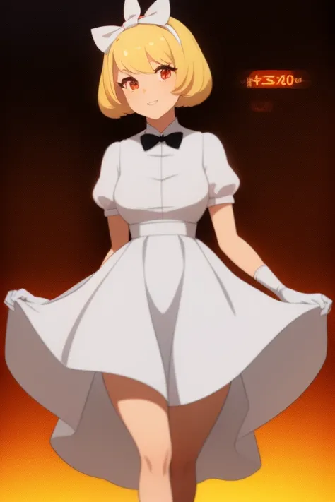 a beautiful young anime girl with a blonde and half black 1950s style haircut wearing a white 1950s vintage dress with orange bow, white gloves, futuristic retro style background, warm colors, intricate details, highly detailed, vivid colors