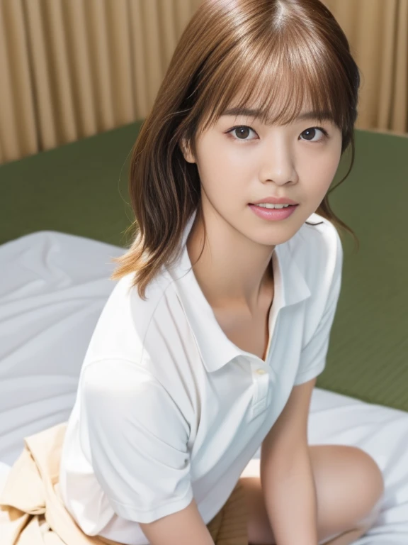 (Masterpiece, Best quality: 1.4), (Ultra realistic, Photo-realistic: 1.2), (From above: 1.2), Full body, Lying on bed, Looking at viewer, Natural light, 30 years old actress, Japanese women, (Touch pussy: 1.2), Neat and clean, ((Wearing white tennis unifor...