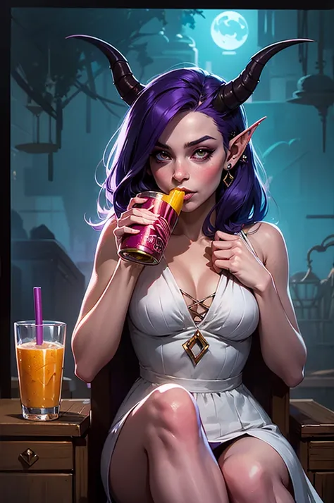 anime girl with purple hair and piercings drinking from a cup, commission for high res, elf girl, anime girl drinks energy drink, succubus in sundress portrait, oc commission, morrigan, morgana from league of legends, commission for, full color illustratio...