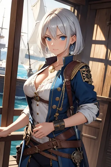 A woman with silver bob hair and blue eyes, extremely detailed and realistic, masterpiece quality, ultra-detailed, HDR, vivid colors, physically-based rendering, pirates, pirates war, on the wooden big ship, (She is wielding a large, shining saber), she is...