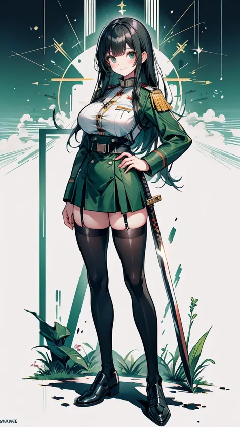 adult female　long hair　bangs　hime cut　black hair　expensive　smile　big breasts　dark green german military uniform　tight skirt　spat...