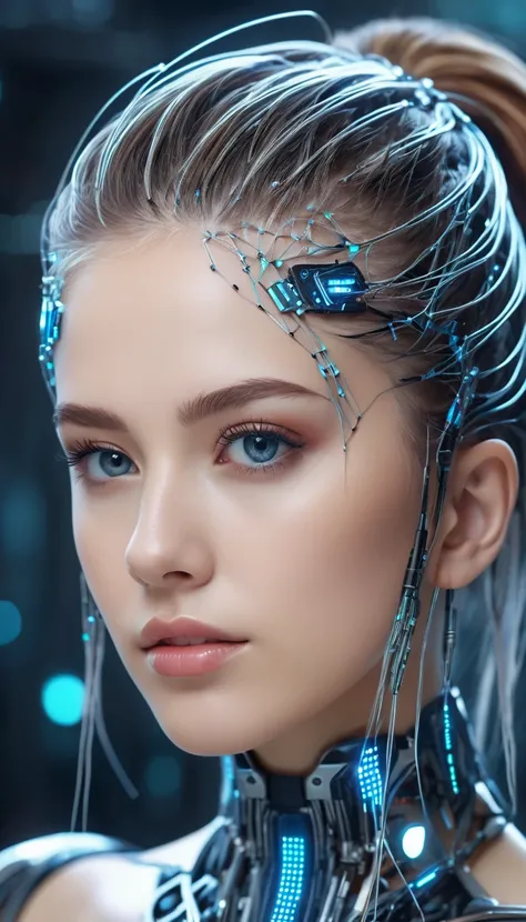 A beautiful futuristic cybernetic girl with hair with strands of neural networks, Futurism, UHD, super detail, best quality, 8k  