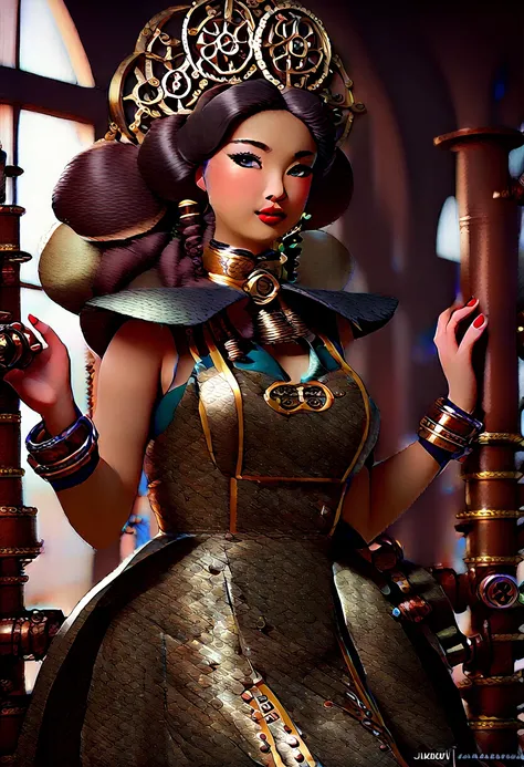 clockwork old Ben, beautiful busty Asian woman steampunk, intricate steampunk machinery, brass gears, cogs, and pipes, Victorian era fashion, moody lighting, warm color tones, highly detailed, photorealistic, masterpiece, (best quality,8k,highres,masterpie...