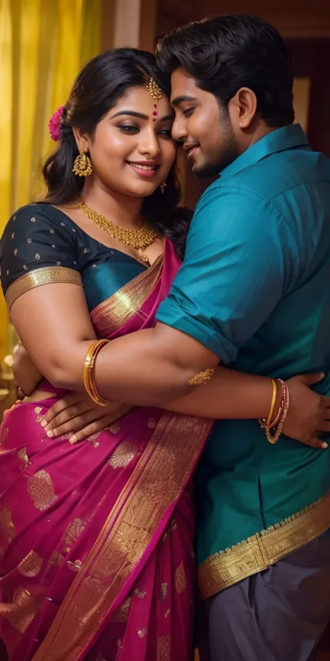 A radiant, full-figured South Indian 25 year old woman wearing a black saree tenderly hugging  a jubilant 25-year-old man while in living room, captured in a full-body image with vibrant hues and meticulous details. Belly button visible . Full body image