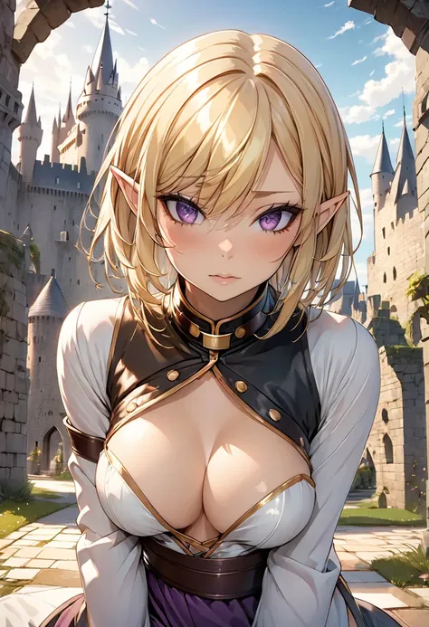 Illustration, detailed illustration, dynamic angle, ultra-detailed, 1girl, elf, beautiful, sexy, short blonde hair, purple eyes, slave, castle background, submissive posture, submissive pose, submissive, slave robes, slave collar, medium breasts, cleavage,...