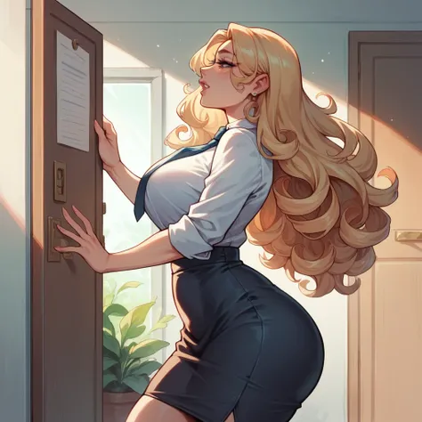 Beautiful woman 25 years old, not very high, long curly light blonde hair, Thin waist, big tits, well-shaped and large hips. She wears a secretary uniform with a tie, He is knocking on the door to enter the office., view from behind