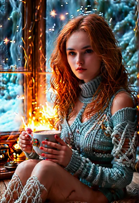 An ultra hot beautiful european woman, age 23, red wavy hair. shes a playmate with natural medium breasts, men magazine model, enjoying a cozy evening at the fireplace in a wooden cabin. She wears a turtleneck winter color wool sweater with cleavage and ti...