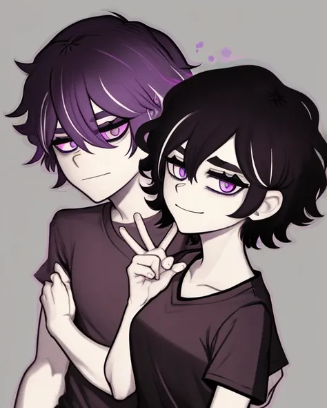 monochrome,tcoaal, solo, looking at viewer, short hair, shirt, 1boy, hair between eyes, closed mouth,black hair,  purple eyes, upper body, ahoge, short sleeves, male focus, black background, messy hair, bright pupils, outline, white pupils, purple shirt, w...