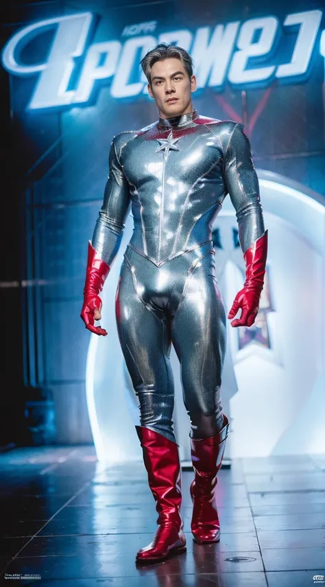 (realistic,hyper-detailed,8k,DC comic superhero,Captain Atom,captainatom),
(silver suit,silversuit),
(red gloves,redgloves),
(red boots,redboots) , 