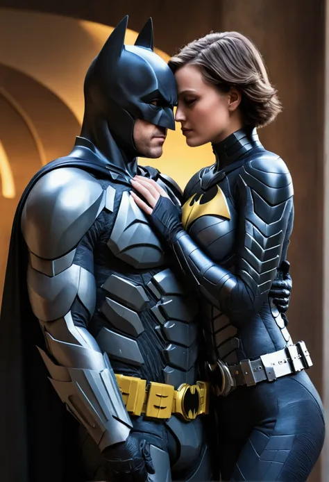 masterpiece, 4k , hyperrealism , superhero batman and sexy batwomen (bobhaircut) hugging, ( futuristic armor suit) ,((perfect bo...