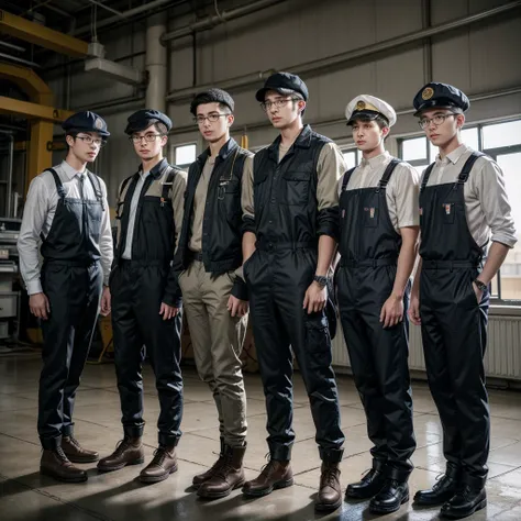 4 male mechatronic engineers, 2 very tall, one of them is thin and wears glasses, the other is with light teas and wavy hair, another engineer is shorter and has darker teas, has a mushroom hairstyle, The last engineer is the shortest in height and has a g...