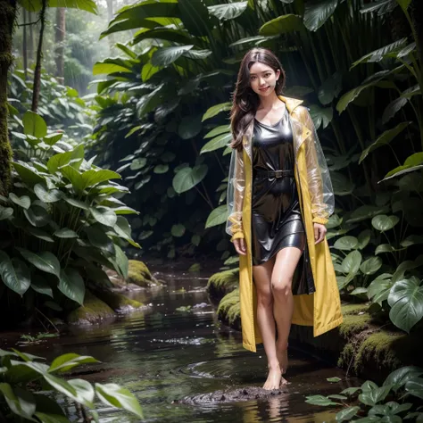 a girl in a deep rain forest, raining, backpack, sun, standing, (weeding gown with slight mud, clear rain coat, smile, ready to fight, yellow jacket, bare foot, full body), (best quality, masterpiece), photorealistic, detailed, vivid colors, dramatic light...