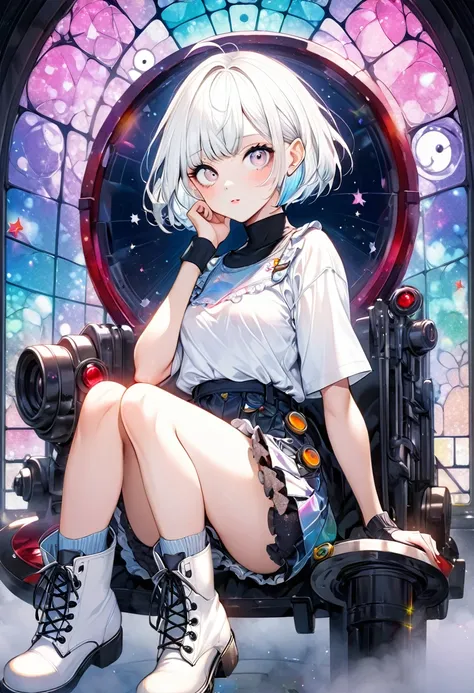 cute girl, (white pixie cut, very short hair), (big round eyes, star-shaped pupils), amorous and lewd face, light makeup, wearing cute baggy loose shirt, frilly shorts, heavy engineer boots, sitting and posing, background pastel color palette, large pastel...