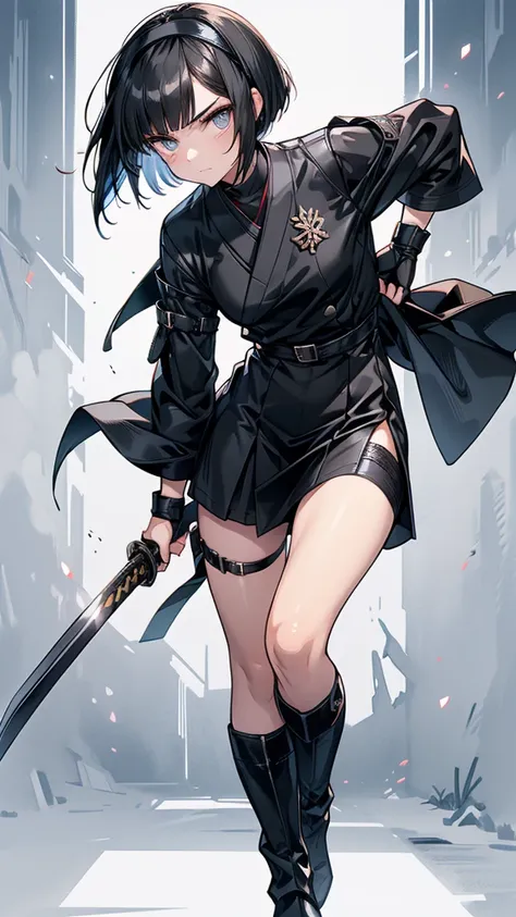 mature　bobcut　black hair　expensive　narrow eyes　glaring at me　glare　frivolous attitude　black sailor suit　armor　wear a headband ar...