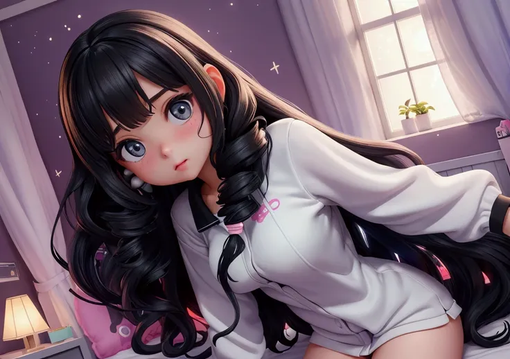 Beautiful teenage girl in her room in the city、 white, long hair and black curls Alert earplugs spread across the computer in front of the stars in ultra-realistic windows at night,8k,Ultra-high definition,Pixar-style,High definition,1920x1080 fundo kawaii...