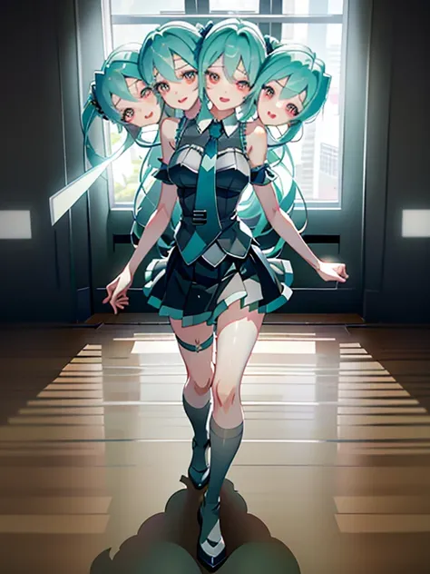 DSLR Photos, (8ก, 4K, Masterpiece),(Masterpiece, best quality), best resolution, (3 heads:1.5), Hatsune Miku, aqua hair, twin tail, long hair, tear, open mouth, smile, be happy, sing, Dancing, White sleeveless shirt, Aqua necktie, black skirt, arms separat...