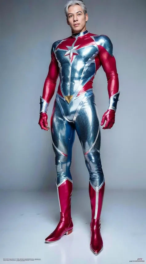 (realistic,hyper-detailed,8k,DC comic superhero,Captain Atom,captainatom),
(silver suit,silversuit),
(red gloves,redgloves),
(red boots,redboots) , 