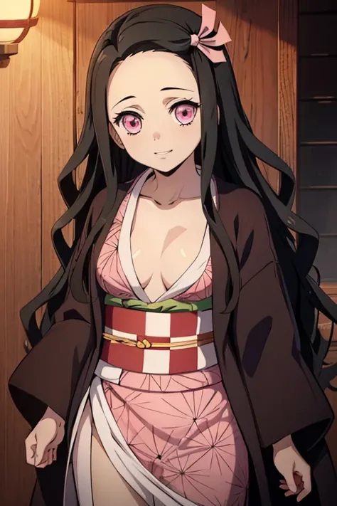 (masterpiece:1.3), (best quality:1.1), (8k, ultra detailed, ultra high res:1.2), ((anime style)), detail perfect 5 fingers, perfect anatomy, 
1girl,
Kamado Nezuko, 
BREAK long hair, wavy hair, forehead
black hair, 
pink eyes, 
ribbon, 
small breasts,  
BRE...