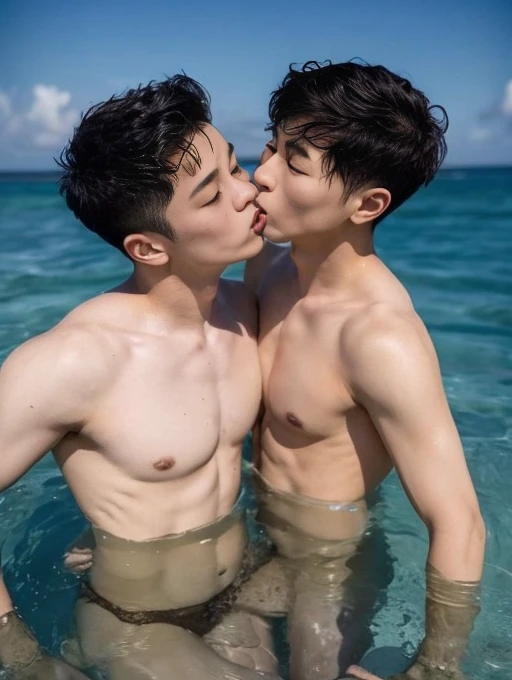 Two boys kissing, in the sea，Raised sexy