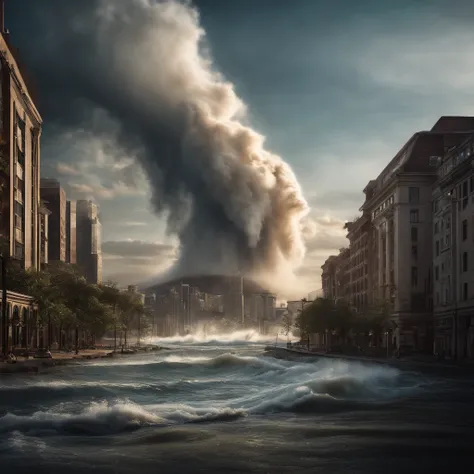 Create a cinematic cityscape，Features towering tsunami waves crashing into the city skyline. The lens should capture the absolute power and destructive power of the wave, The building in the foreground is partially submerged, debris flying, And the feeling...