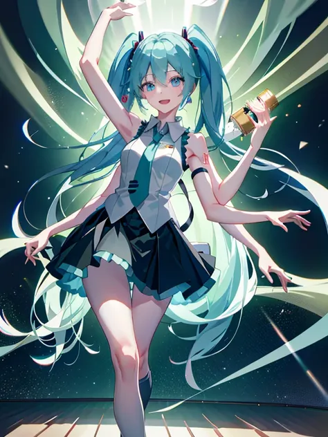 DSLR Photos, (8ก, 4K, Masterpiece),(Masterpiece, best quality), best resolution, (3 heads:1.5), Hatsune Miku, aqua hair, twin tail, long hair, tear, open mouth, smile, be happy, sing, Dancing, White sleeveless shirt, Aqua necktie, black skirt, arms separat...