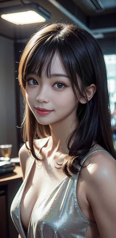 masterpiece, 1 beautiful girl, detailed, Swollen eyes, Highest quality, 超High resolution, (reality: 1.4), Original photo, One girl, Cinema Lighting, smile, Japanese, Asian Beauty, clean, so beautiful, Small young face, Beautiful Skin, thin, Cyberpunk Backg...