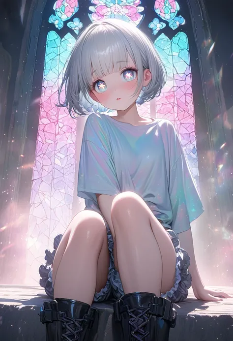 cute girl, (white pixie cut, very short hair), (big round eyes, star-shaped pupils), amorous and lewd face, light makeup, wearing cute baggy loose shirt, frilly shorts, heavy engineer boots, sitting and posing, background pastel color palette, large pastel...