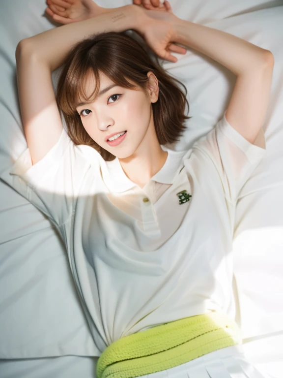 (Masterpiece, Best quality: 1.4), (Ultra realistic, Photo-realistic: 1.2), (From above: 1.2), Full body, Lying on bed, Looking at viewer, Natural light, 30 years old actress, Japanese women, (arms up: 1.2), Neat and clean, ((Wearing white tennis uniform, W...