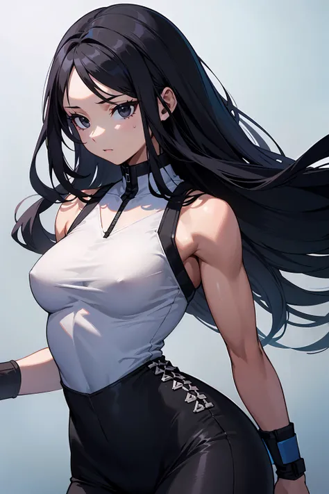 A girl with long black hair, black eyes, fair skin tone, slender and athletic built, warrior, detailed hair, detailed body, best quality, aesthetic,8k