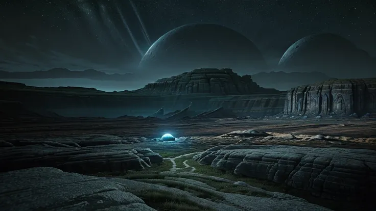 In the distance an unknown flying alien animals, alien planet, stone terrain. It is night