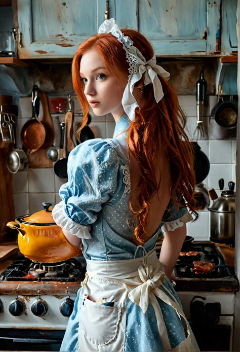 (full body shot:1) photorealistic image of a (standing pose:1.1) ultrarealistic, photography, long red hair, woman, 24 years old, hourglass figure, perfect body, Flirty look, natural medium breasts, blur background, wearing a housewife outfit and an apron,...