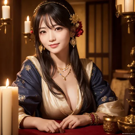 最high quality, masterpiece, there is nothing, 1 female, Age 35, Japanese, Western style fortune teller costume, hair ornaments, necklace, jewelry, Beautiful Face, Gentle smile, On top of that_body, Tyndall effect, Realistic, Fortune Telling Room, Candles o...