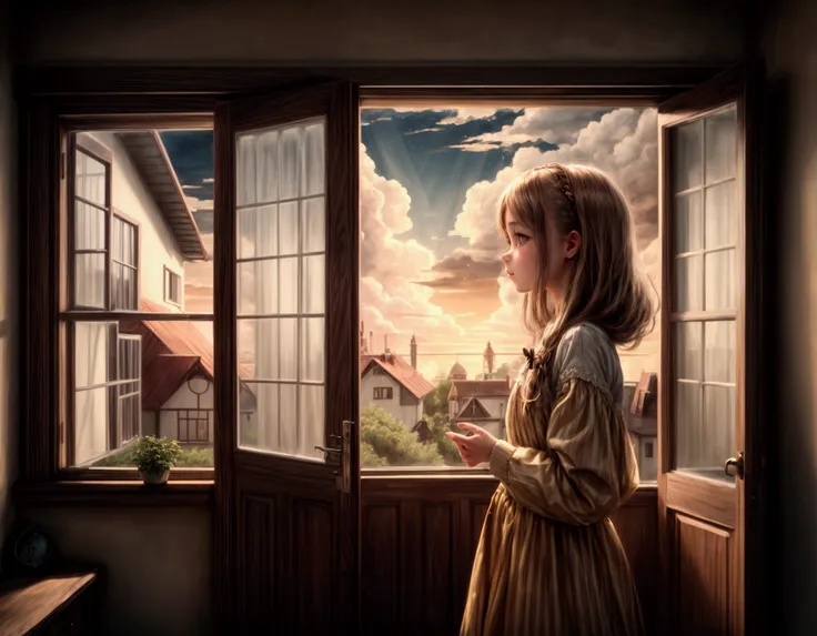 best quality, highres, house, room, open window, closed door, curtain design, evening sky, evening clouds, girl in room, brown d...