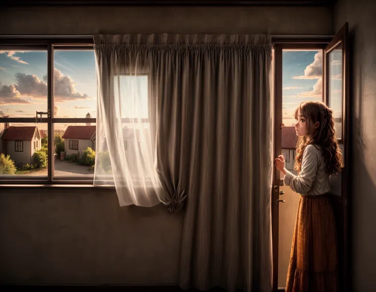 best quality, highres, house, room, open window, closed door, curtain design, evening sky, evening clouds, girl in room, brown d...