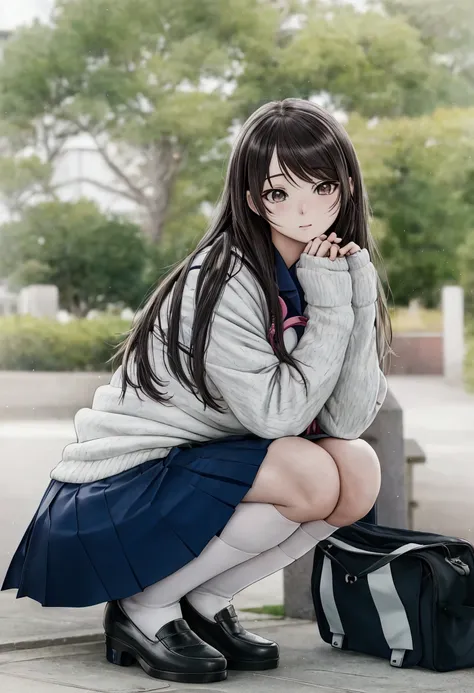 manga style, there is a woman kneeling on the ground with a backpack, beautiful anime high school girl, attractive anime girl, beautiful anime girl squatting, photorealistic anime, cute anime girl, beautiful anime girl, anime girl, the anime girl is crouch...