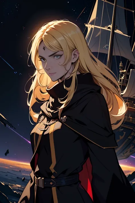 (masterpiece, best quality, 8k, high detailed, ultra-detailed illustration), female space pirate, (blonde long hair, a scar on face, long slit eyes, long eyelashes, Pirate costume, skull logo, red cloak), cowboy shot, beautiful cool female, Sad, fleeting, ...