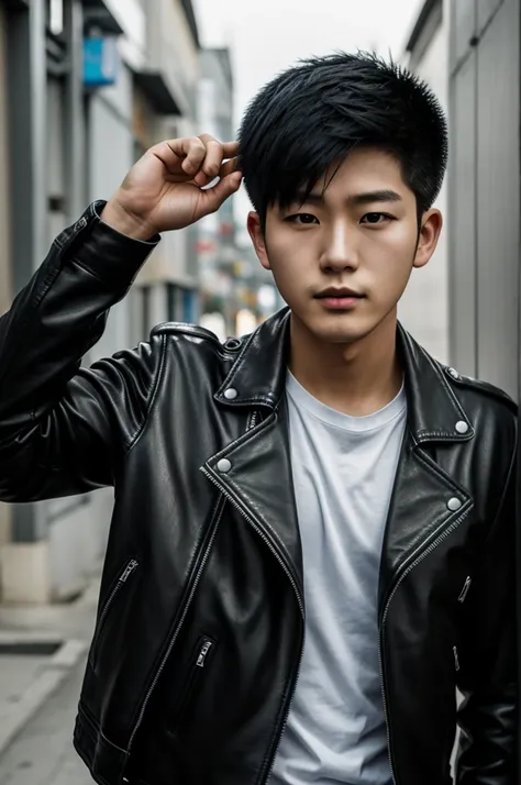 a korean boy, with cold look, high, with a leather jacket and lip piercing 