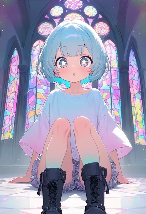 cute girl, white very short hair, (big round eyes, star-shaped pupils), amorous and lewd face, light makeup, wearing cute baggy loose shirt, frilly shorts, heavy engineer boots, sitting and posing, background pastel color palette, large pastel stained glas...