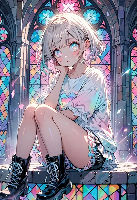 cute girl, white very short hair, (big round eyes, star-shaped pupils), amorous and lewd face, light makeup, wearing cute baggy loose shirt, frilly shorts, heavy engineer boots, sitting and posing, background pastel color palette, large pastel stained glas...