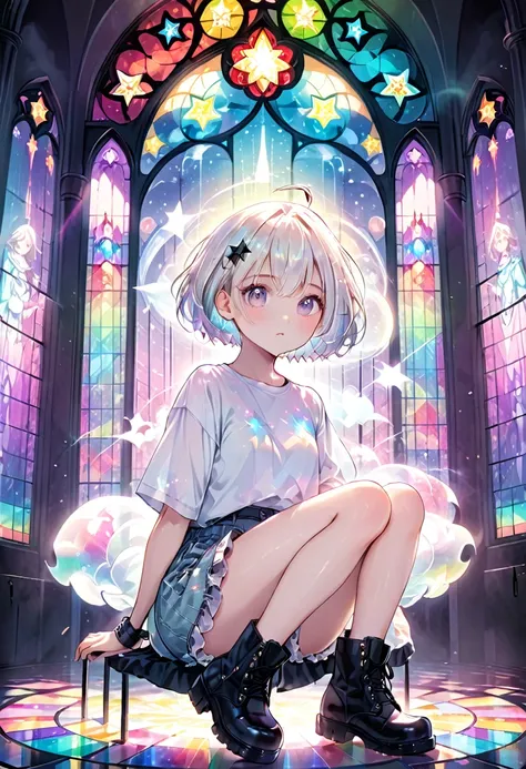 cute girl, white very short hair, (big round eyes, star-shaped pupils), amorous and lewd face, light makeup, wearing cute baggy loose shirt, frilly shorts, heavy engineer boots, sitting and posing, background pastel color palette, large pastel stained glas...