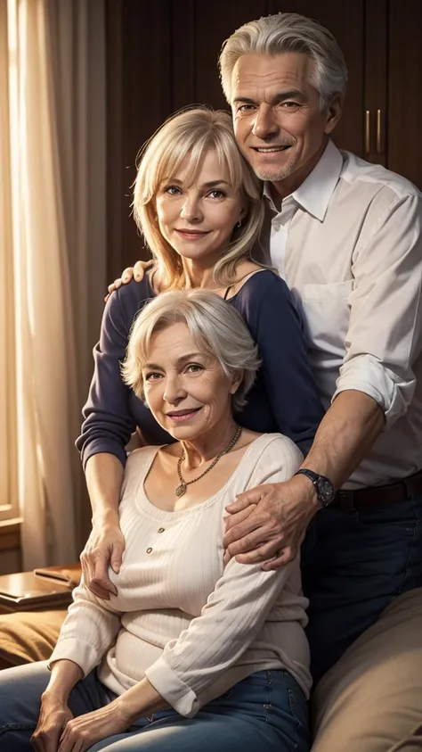 age difference man and woman Russian couple, photo of two people, Male in his 60s, Female in her 30s, female on lap, background is room at night, woman that big breasts and slender figure, Realistic teeth, double eyelids, smile, waist up shot