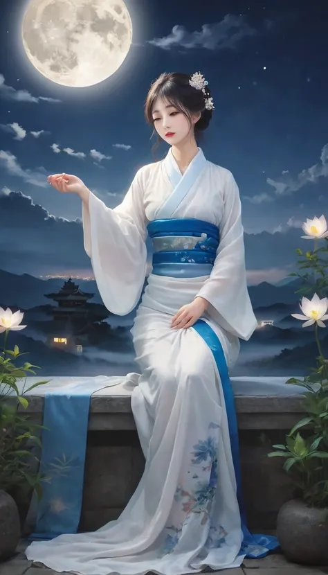 High-resolution images，In a quiet night、Under the gentle light of the full moon、Tranquility, Emotionless adult spiritualist&#39;The younger sister is wearing a white and red outfit like a shrine maiden..、Her long silvery-white hair sways gracefully in the ...